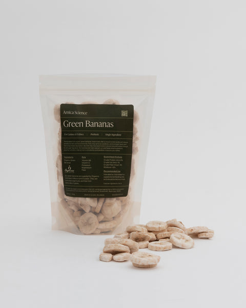 Amica Science Freeze-Dried Green Bananas treats 100g Out of Bag Front View for Dogs and Cats