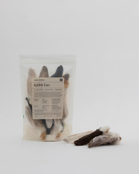 Amica Science Freeze-Dried Rabbit Ears dog treats 12-15ct Out of Bag Front View for Dogs and Cats
