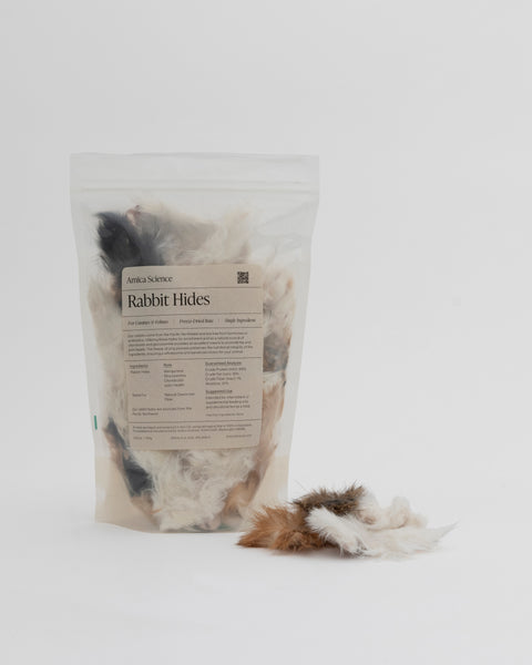 Amica Science Freeze-Dried Rabbit Hides dog treats 100g Out of Bag Front View for Dogs and Cats