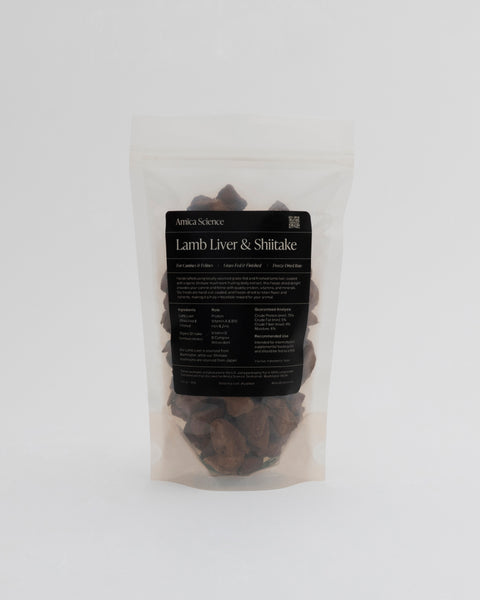 Amica Science Freeze-Dried Lamb Liver and Shiitake dog treats 60g Back View for Dogs and Cats