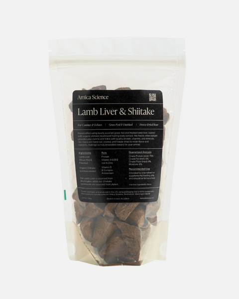 Amica Science Freeze-Dried Lamb Liver and Shiitake Dog Treats Front View for Dogs and Cats