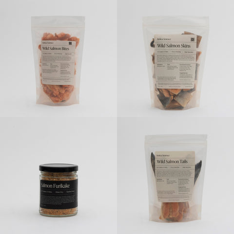 Amica Science Omega 3 Bundle kit — Wild Salmon Bites, Skins, Furikake, and Tails
