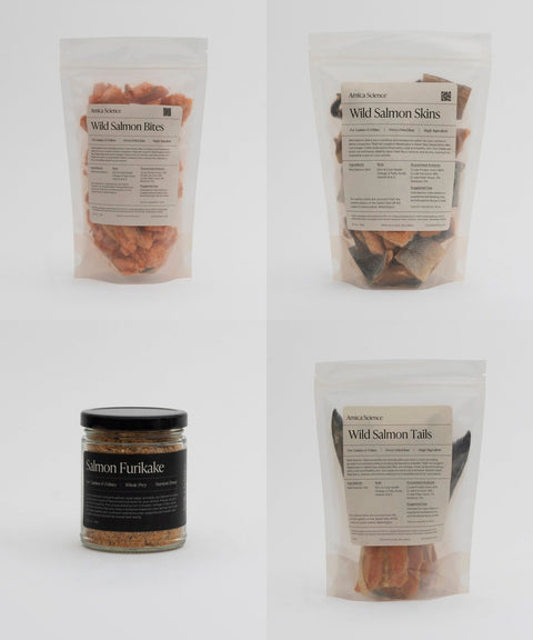 Amica Science Omega 3 Bundle kit — Wild Salmon Bites, Skins, Furikake, and Tails