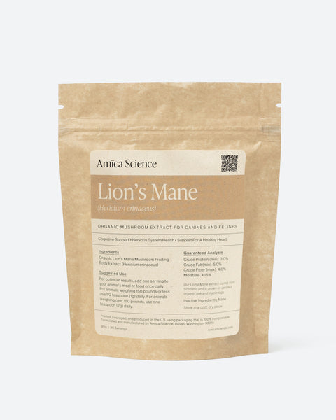 Amica Science Lion's Mane for dogs organic mushroom extract fruiting body 90g Back View for Dogs and Cats