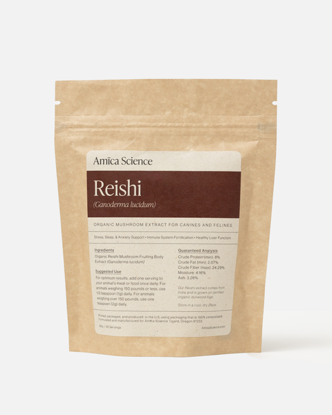 Amica Science Reishi for dogs organic mushroom extract fruiting body 90g Front View for Dogs and Cats