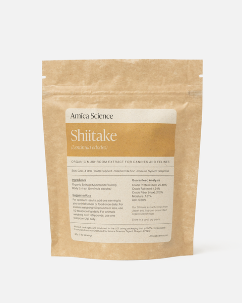 Amica Science Shiitake for dogs organic mushroom extract fruiting body 90g Back View for Dogs and Cats