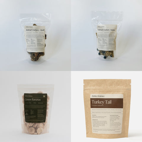 Amica Science Prebiotic Bundle kit hero collage — Quail & Rabbit labeled pouches, Green Bananas, Turkey Tail 90g for dogs and cats