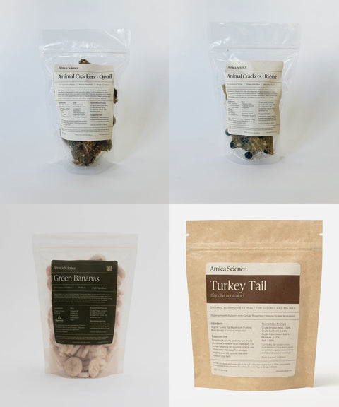 Amica Science Prebiotic Bundle kit hero collage — Quail & Rabbit labeled pouches, Green Bananas, Turkey Tail 90g for dogs and cats